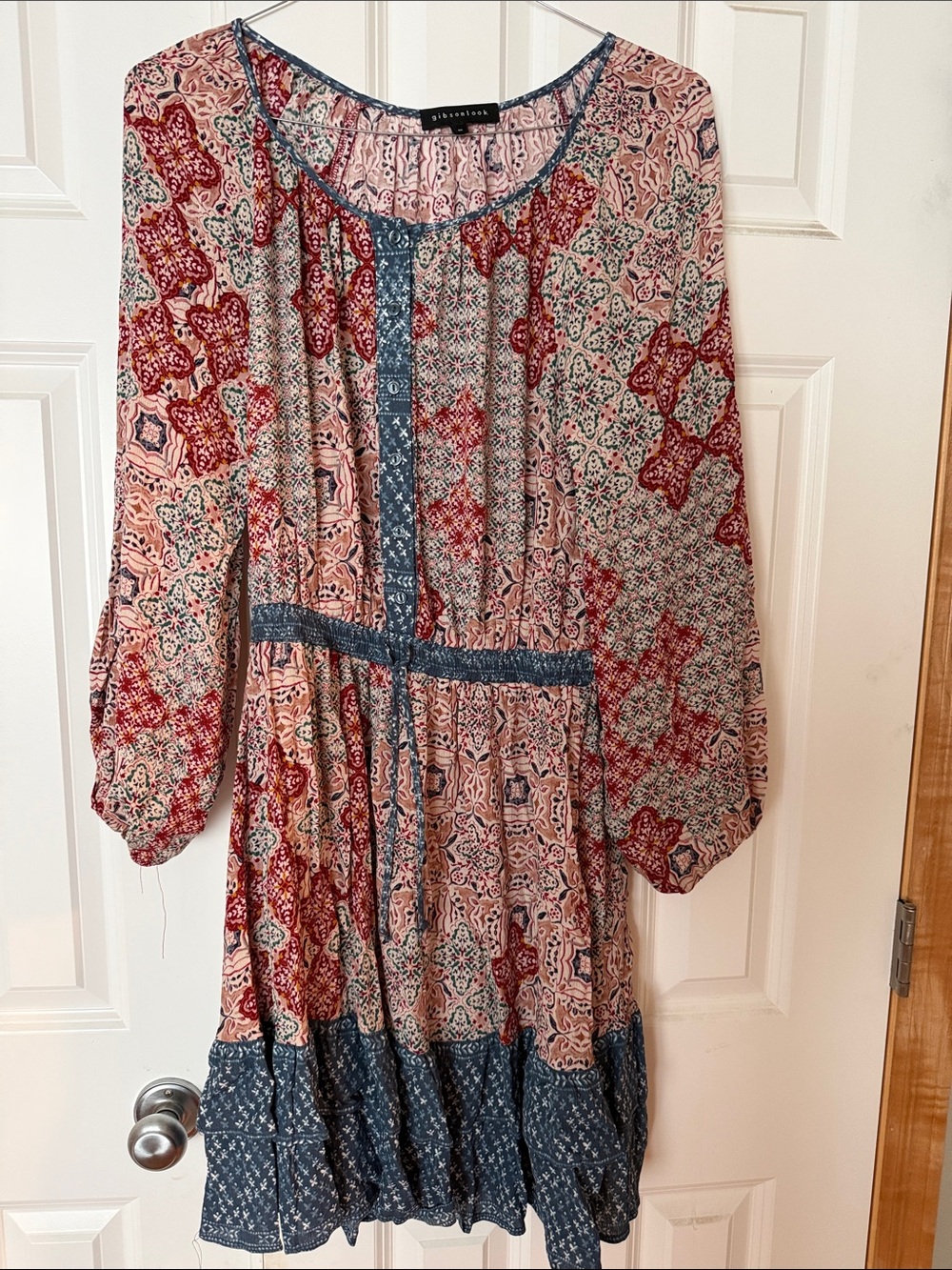Gibsonlook Boho Patchwork Long Sleeve Dress in Pink and Blue